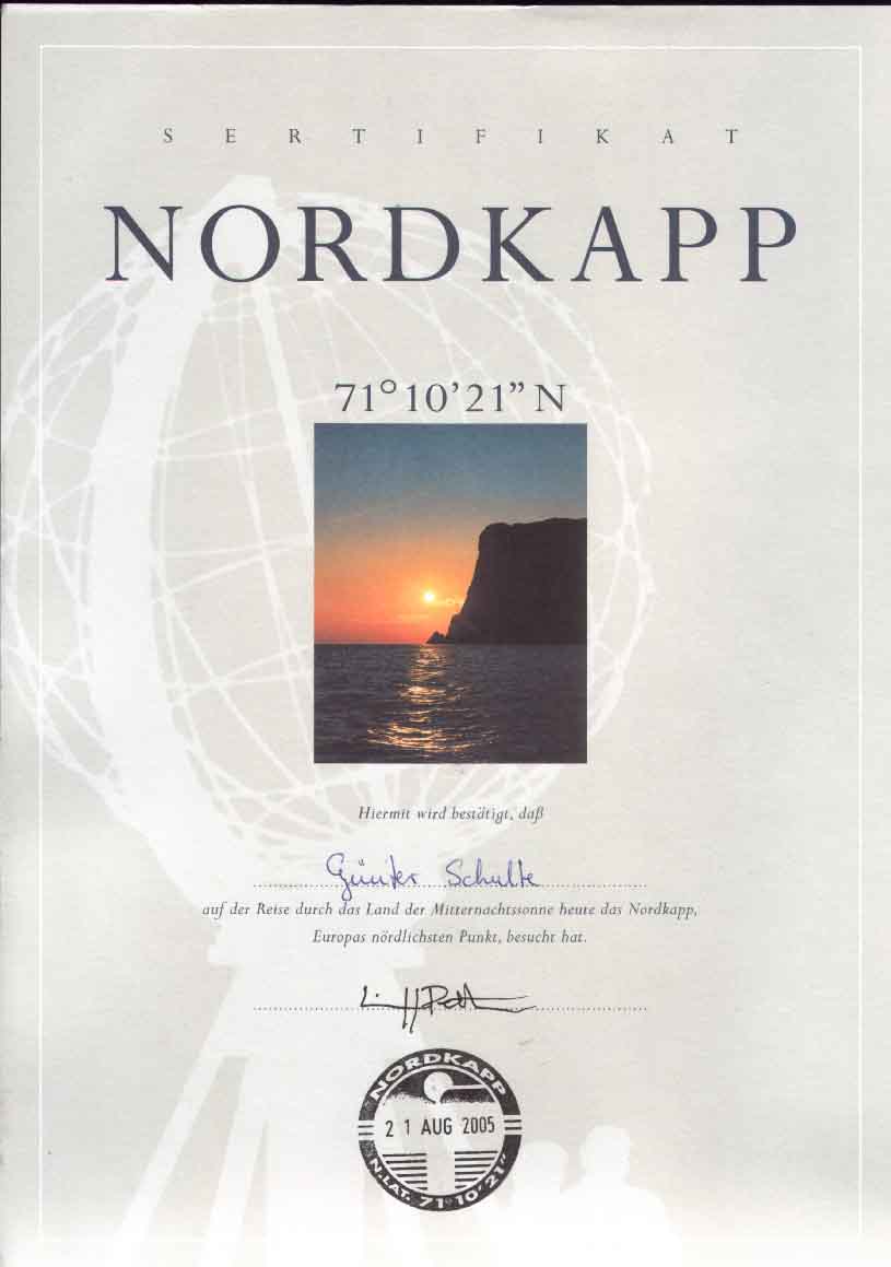 Urkunde Nordkapp